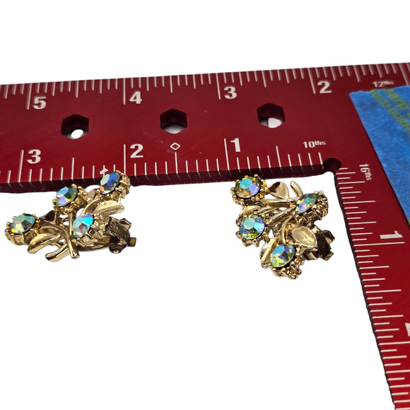 Clip-On Earrings Vintage Leaf AB Blue Rhinestones Retro Style Aurora Borealis - Picture 3 of 7